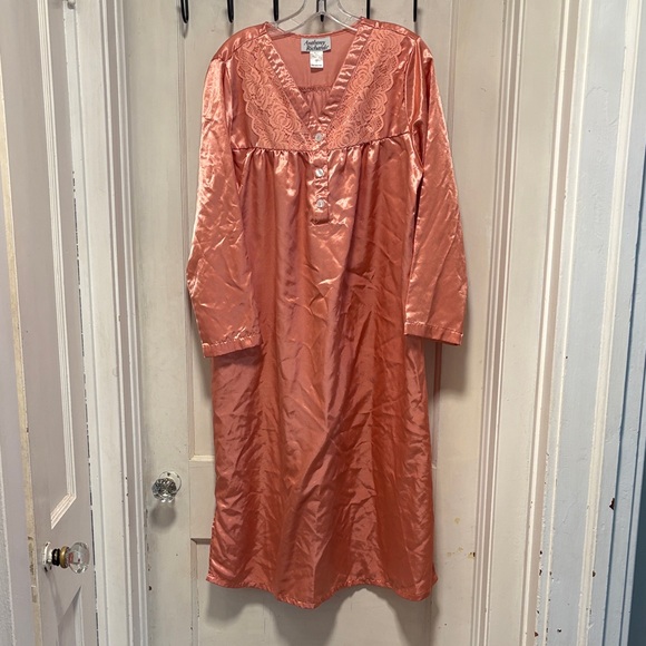 Vintage Anthony Richards Coral Satin Nightgown with Lace Accents Mumu Large - Picture 1 of 8